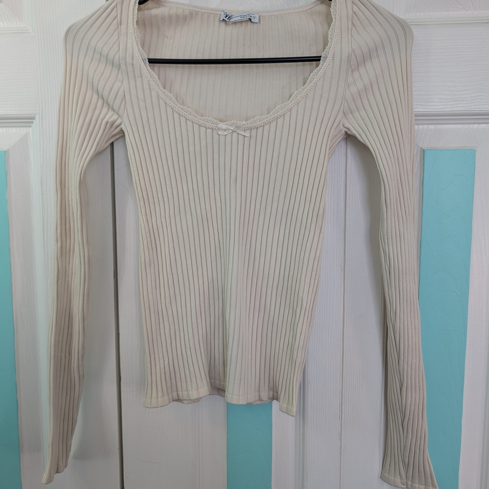 Zara Cream Ribbed Long Sleeve Top